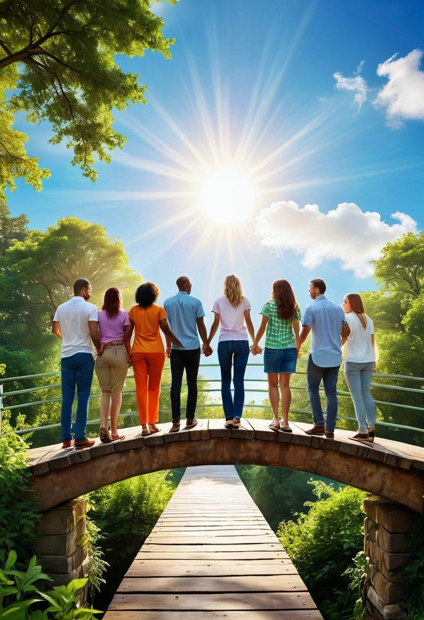A diverse group of people from different backgrounds and professions, joyfully connecting over a symbolic bridge made of bright, cheerful colors, surrounded by lush greenery and a radiant sky. The scene conveys a sense of unity and optimism, with light beams shining down, illustrating networking as a powerful tool for positivity in society. Super-realistic. Vibrant colors. Nature backdrop.