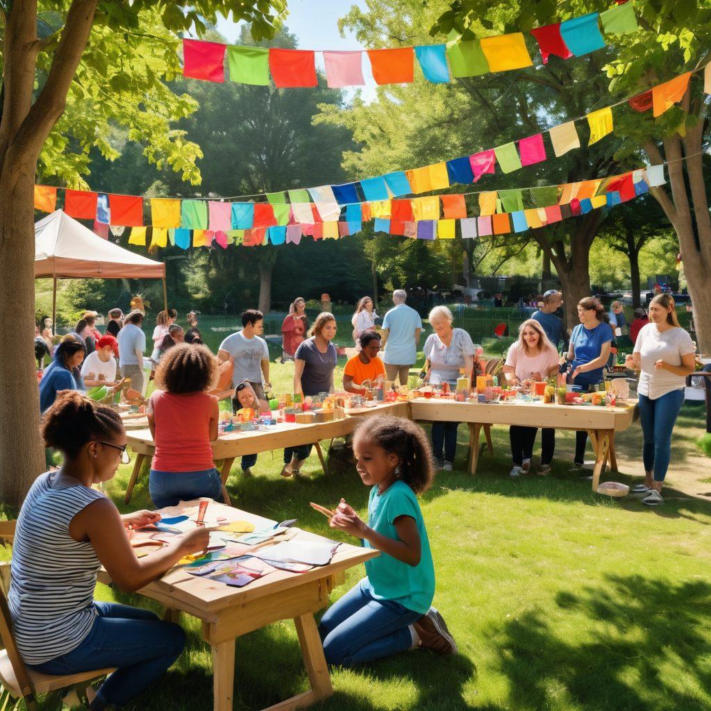 A vibrant community gathering in a sunlit park, showcasing diverse individuals of different ages and backgrounds engaged in joyful activities. They are collaborating on arts and crafts, sharing laughter, and helping each other build a community garden. The scene radiates warmth and positivity, with colorful banners promoting unity and empowerment fluttering in the breeze. super-realistic. vibrant colors. bright natural lighting.