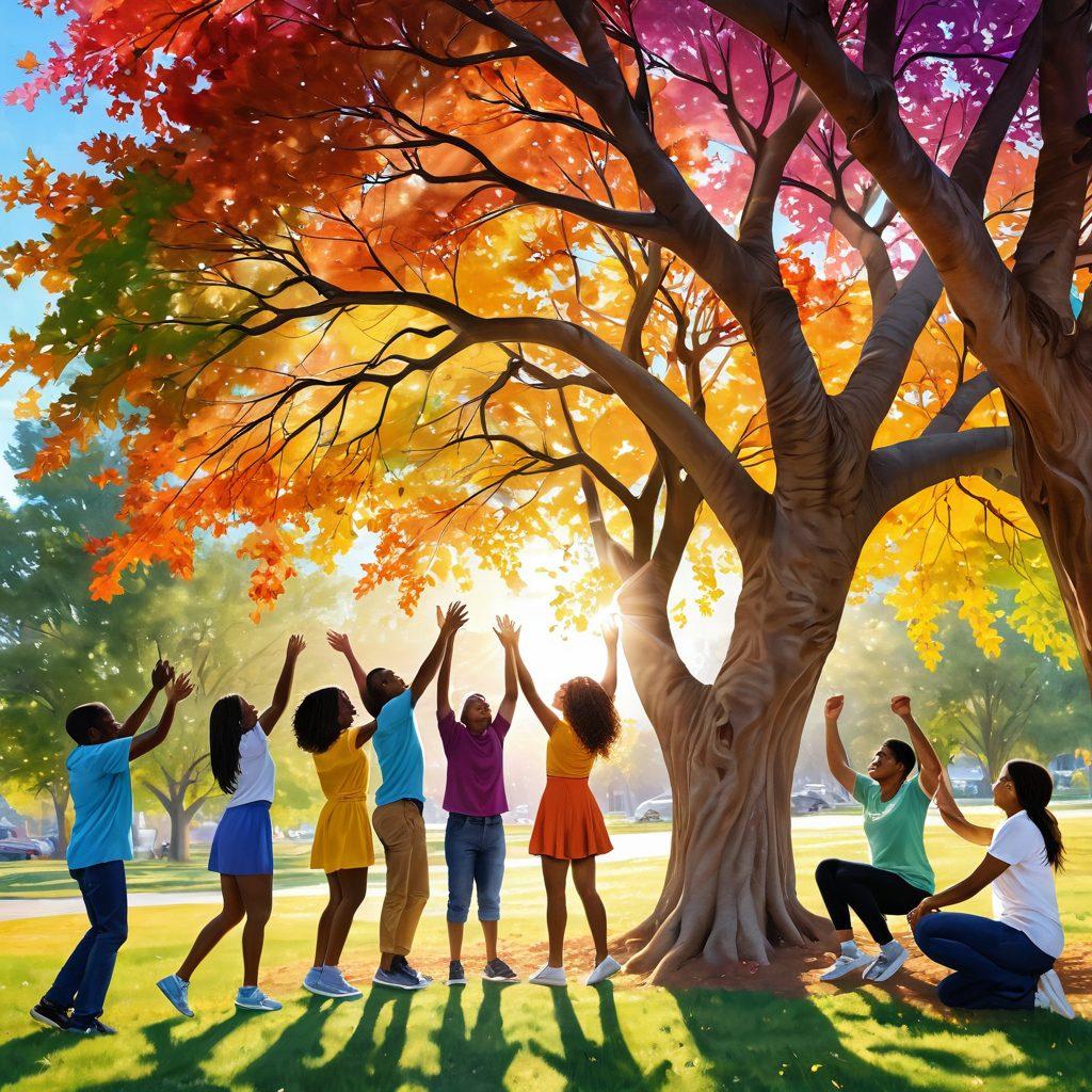A vibrant scene depicting a diverse group of people joyfully connecting and supporting each other under a colorful tree symbolizing resilience. Each person is engaged in various activities that embody togetherness, such as sharing, laughing, and collaborating. Soft rays of sunlight illuminate the backdrop, enhancing the warm and inviting atmosphere of community and joy. super-realistic. vibrant colors. outdoor setting.